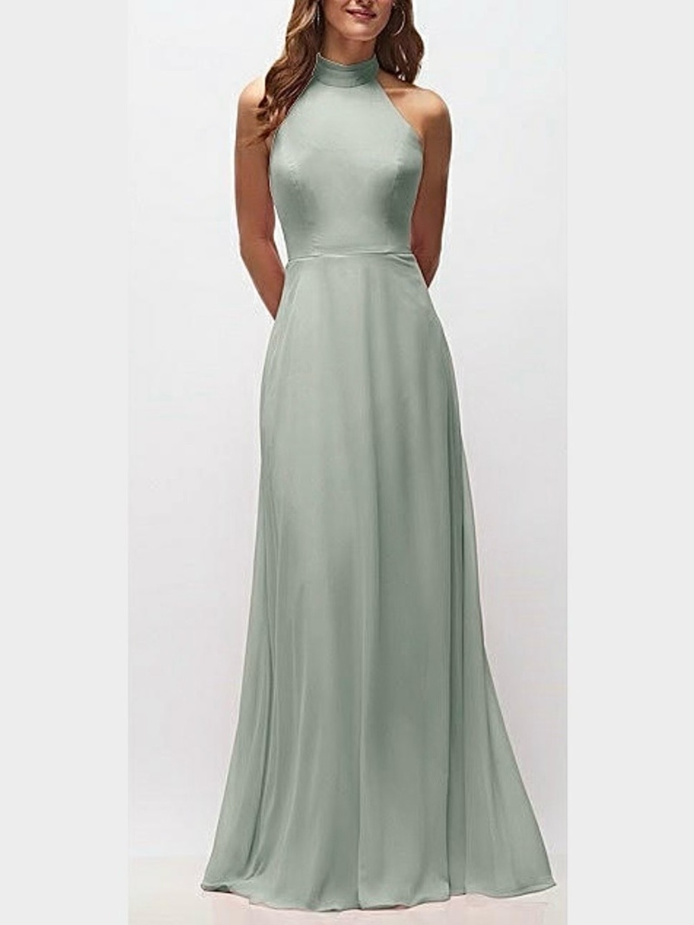 NEW Size 4R After Six Willow Green Backless Chiffon High Neck Halter Maxi Dress